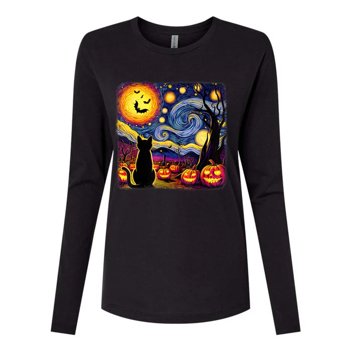 Halloween Van Gogh Starry Night Black Cat Pumpkins Bats Cute Gift Womens Cotton Relaxed Long Sleeve T-Shirt