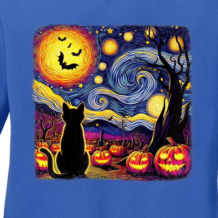 Halloween Van Gogh Starry Night Black Cat Pumpkins Bats Cute Gift Ladies Long Sleeve Shirt