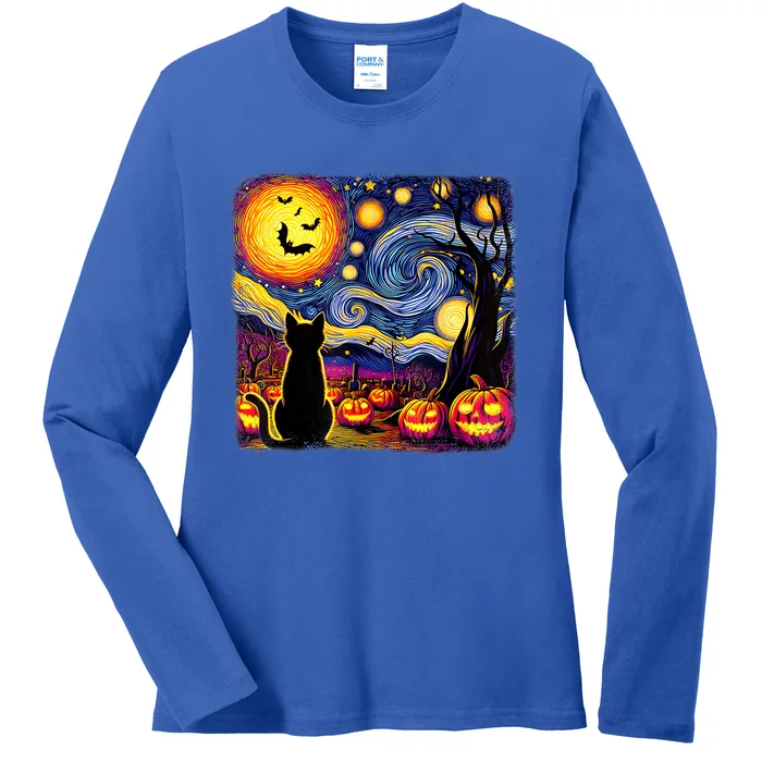 Halloween Van Gogh Starry Night Black Cat Pumpkins Bats Cute Gift Ladies Long Sleeve Shirt