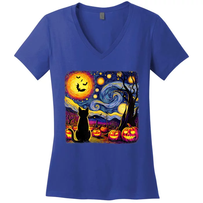 Halloween Van Gogh Starry Night Black Cat Pumpkins Bats Cute Gift Women's V-Neck T-Shirt