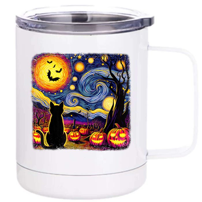 Halloween Van Gogh Starry Night Black Cat Pumpkins Bats Cute Gift Front & Back 12oz Stainless Steel Tumbler Cup