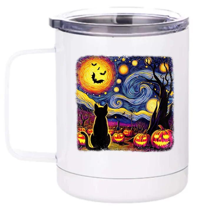 Halloween Van Gogh Starry Night Black Cat Pumpkins Bats Cute Gift Front & Back 12oz Stainless Steel Tumbler Cup