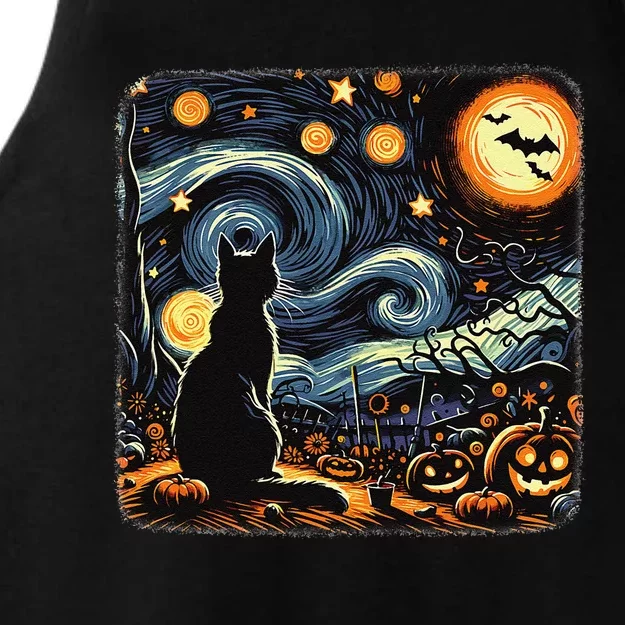 Halloween Van Gogh Starry Night Black Cat Pumpkins Bats Ladies Tri-Blend Wicking Tank