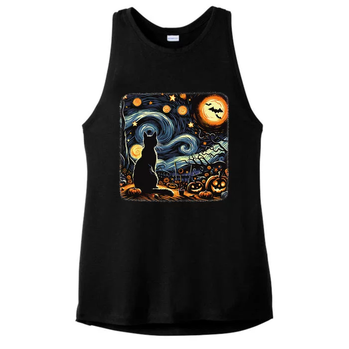 Halloween Van Gogh Starry Night Black Cat Pumpkins Bats Ladies Tri-Blend Wicking Tank