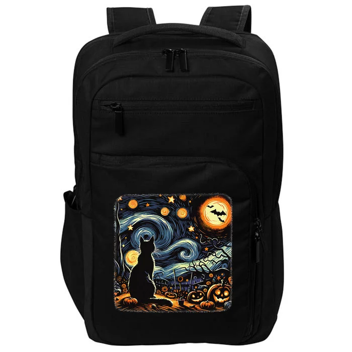 Halloween Van Gogh Starry Night Black Cat Pumpkins Bats Impact Tech Backpack