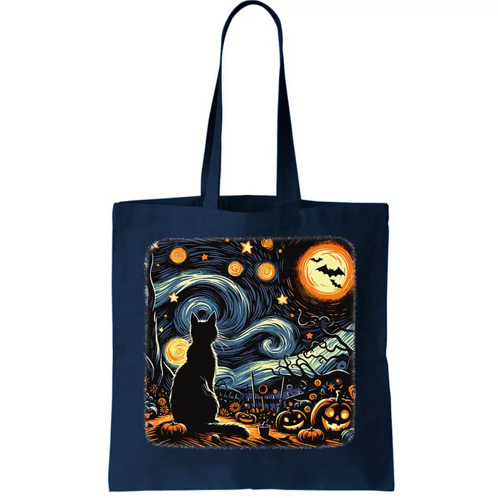 Halloween Van Gogh Starry Night Black Cat Pumpkins Bats Tote Bag