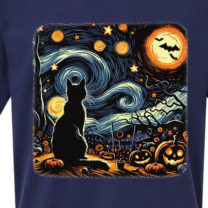 Halloween Van Gogh Starry Night Black Cat Pumpkins Bats Sueded Cloud Jersey T-Shirt