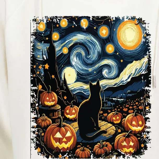 Halloween Van Gogh Starry Night Black Cat Pumpkins Womens Funnel Neck Pullover Hood