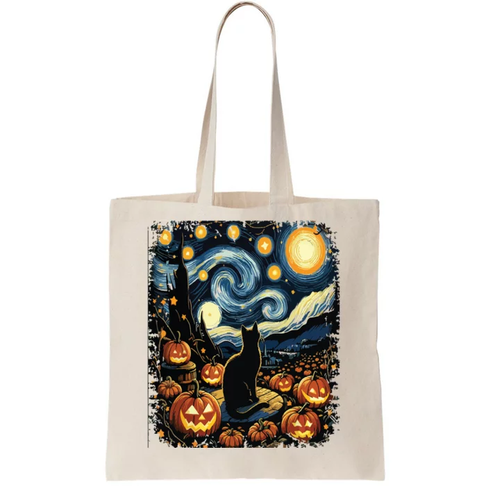 Halloween Van Gogh Starry Night Black Cat Pumpkins Tote Bag