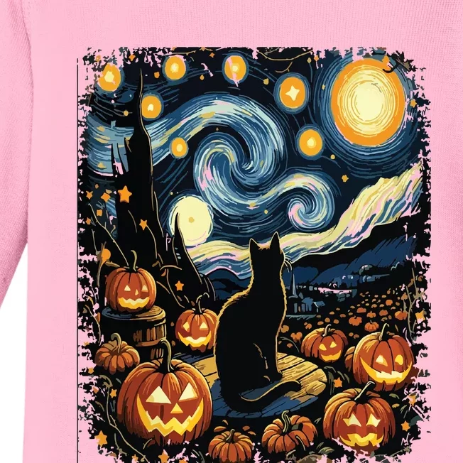 Halloween Van Gogh Starry Night Black Cat Pumpkins Baby Long Sleeve Bodysuit