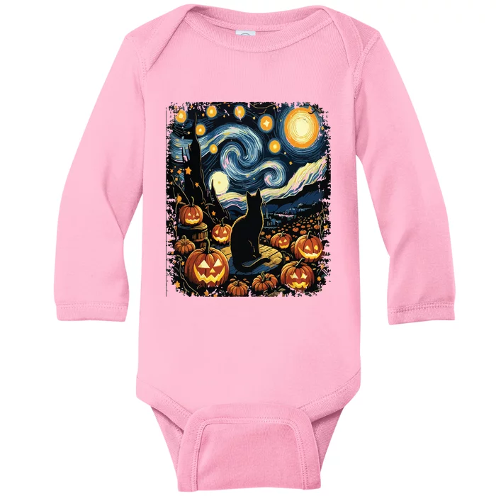 Halloween Van Gogh Starry Night Black Cat Pumpkins Baby Long Sleeve Bodysuit