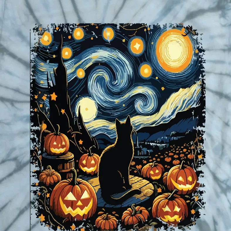 Halloween Van Gogh Starry Night Black Cat Pumpkins Tie-Dye T-Shirt