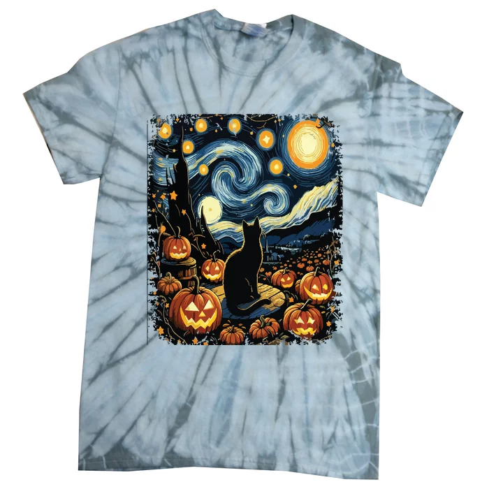 Halloween Van Gogh Starry Night Black Cat Pumpkins Tie-Dye T-Shirt