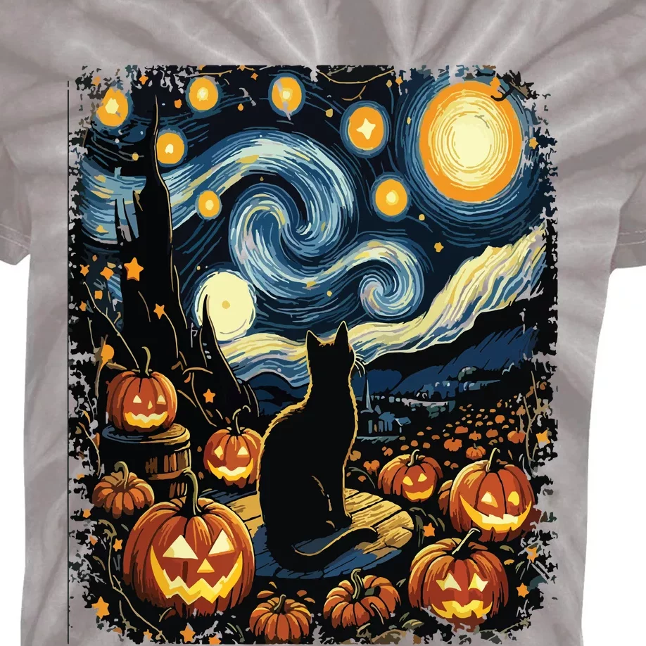 Halloween Van Gogh Starry Night Black Cat Pumpkins Kids Tie-Dye T-Shirt