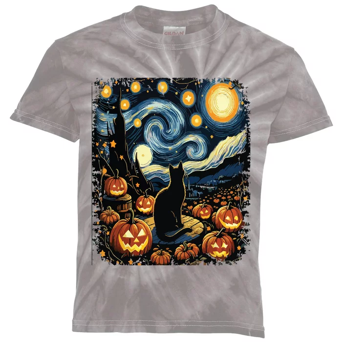 Halloween Van Gogh Starry Night Black Cat Pumpkins Kids Tie-Dye T-Shirt