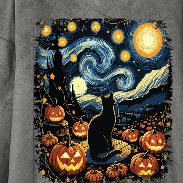 Halloween Van Gogh Starry Night Black Cat Pumpkins Hooded Wearable Blanket