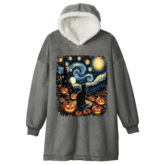 Halloween Van Gogh Starry Night Black Cat Pumpkins Hooded Wearable Blanket