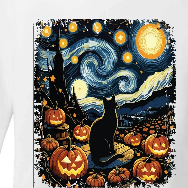 Halloween Van Gogh Starry Night Black Cat Pumpkins Womens CVC Long Sleeve Shirt