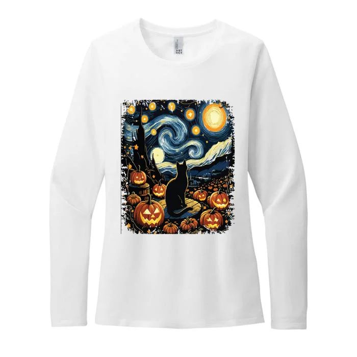 Halloween Van Gogh Starry Night Black Cat Pumpkins Womens CVC Long Sleeve Shirt