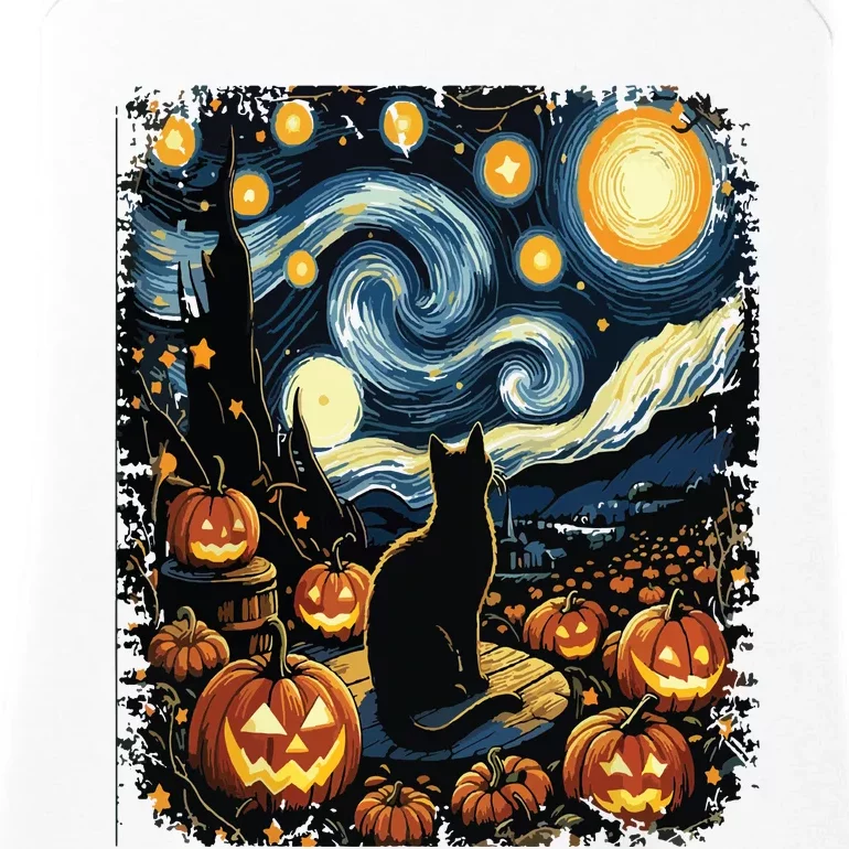 Halloween Van Gogh Starry Night Black Cat Pumpkins Ladies Essential Tank