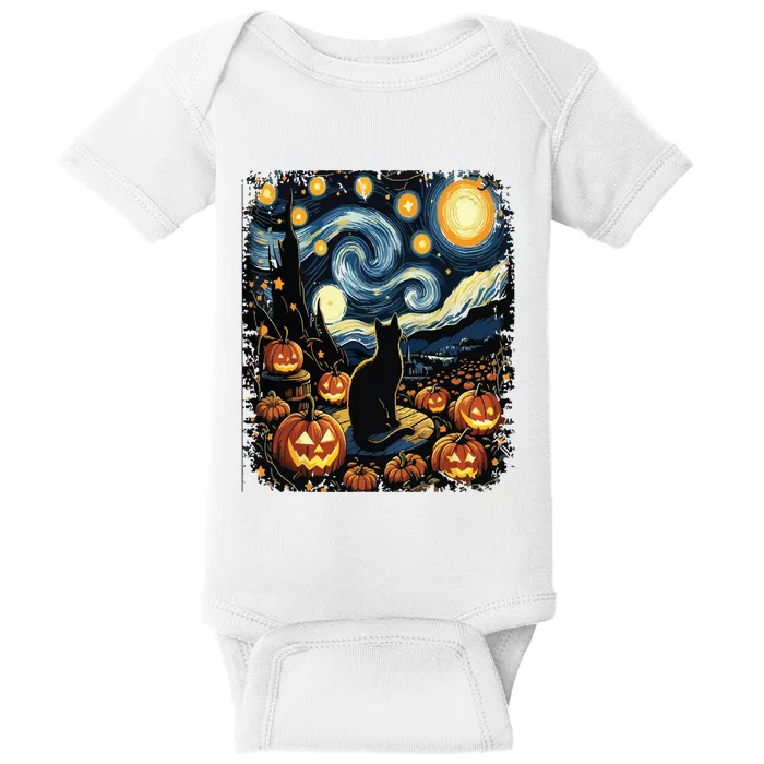 Halloween Van Gogh Starry Night Black Cat Pumpkins Baby Bodysuit