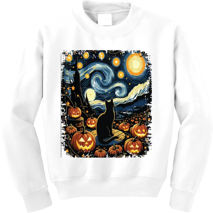 Halloween Van Gogh Starry Night Black Cat Pumpkins Kids Sweatshirt