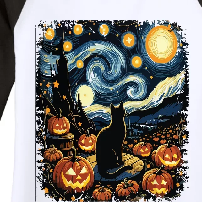 Halloween Van Gogh Starry Night Black Cat Pumpkins Women's Tri-Blend 3/4-Sleeve Raglan Shirt