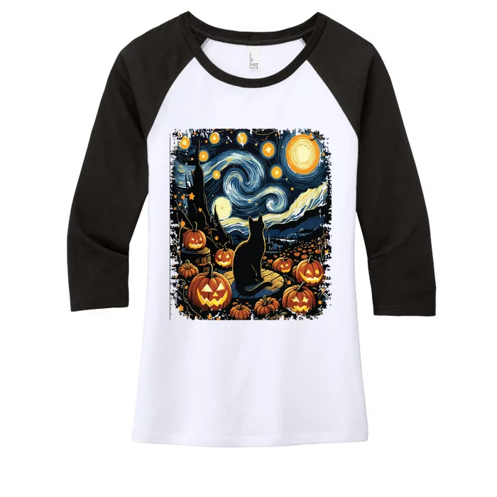 Halloween Van Gogh Starry Night Black Cat Pumpkins Women's Tri-Blend 3/4-Sleeve Raglan Shirt