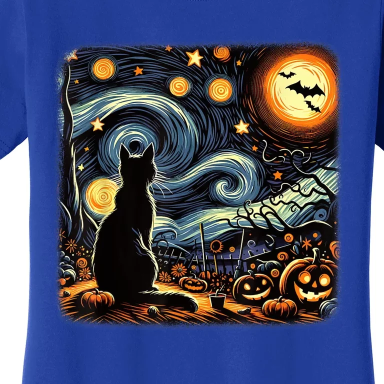 Halloween Van Gogh Starry Night Black Cat Pumpkins Bats Women's T-Shirt