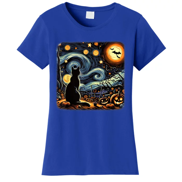 Halloween Van Gogh Starry Night Black Cat Pumpkins Bats Women's T-Shirt