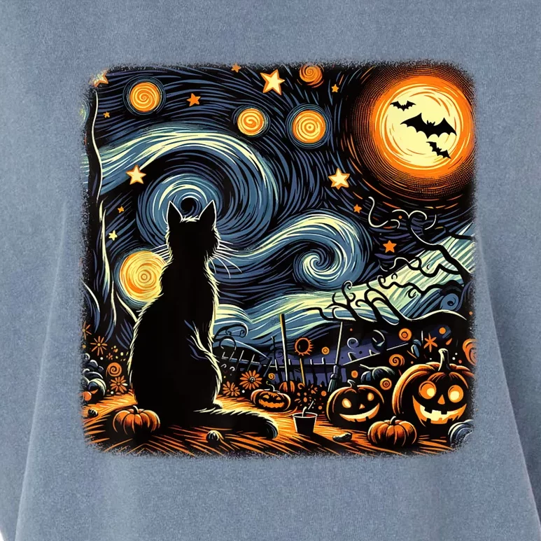 Halloween Van Gogh Starry Night Black Cat Pumpkins Bats Garment-Dyed Women's Muscle Tee