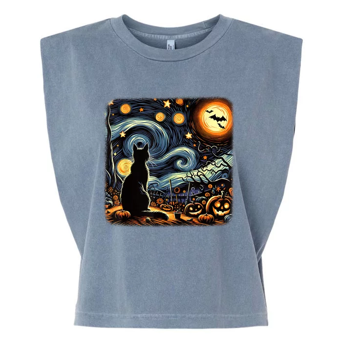 Halloween Van Gogh Starry Night Black Cat Pumpkins Bats Garment-Dyed Women's Muscle Tee