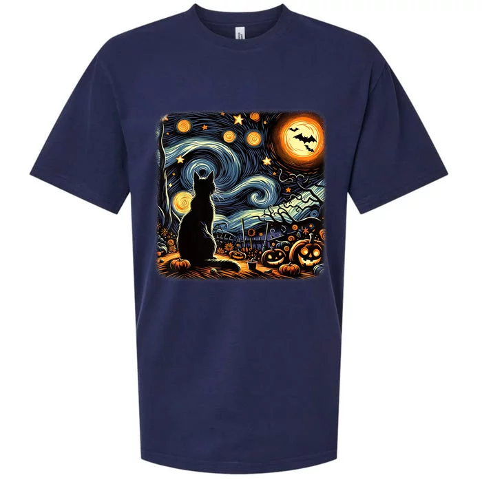 Halloween Van Gogh Starry Night Black Cat Pumpkins Bats Sueded Cloud Jersey T-Shirt