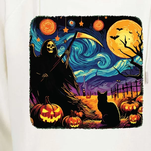 Halloween Van Gogh Starry Night Grim Reaper Pumpkins Cats Womens Funnel Neck Pullover Hood