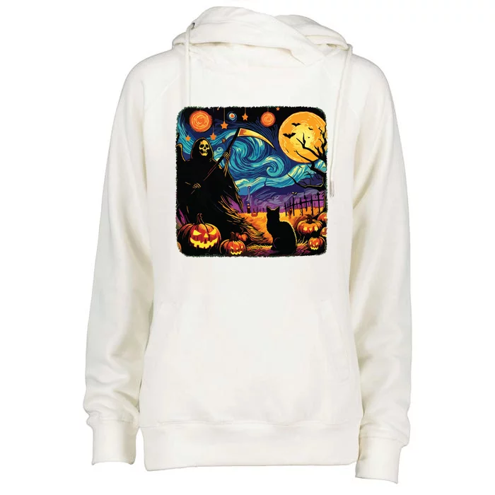 Halloween Van Gogh Starry Night Grim Reaper Pumpkins Cats Womens Funnel Neck Pullover Hood