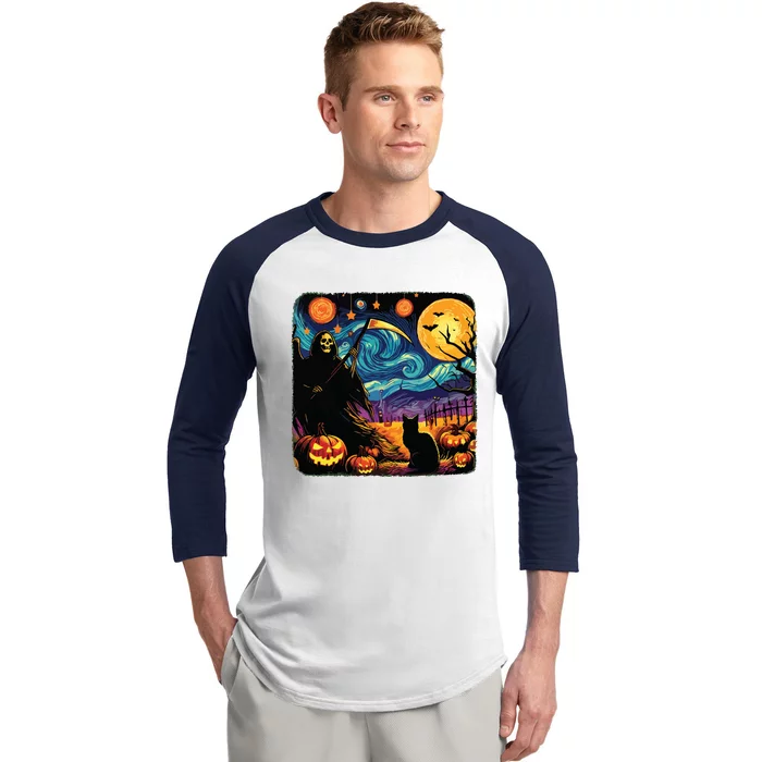 Halloween Van Gogh Starry Night Grim Reaper Pumpkins Cats Baseball Sleeve Shirt