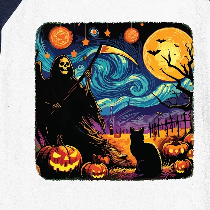 Halloween Van Gogh Starry Night Grim Reaper Pumpkins Cats Baseball Sleeve Shirt