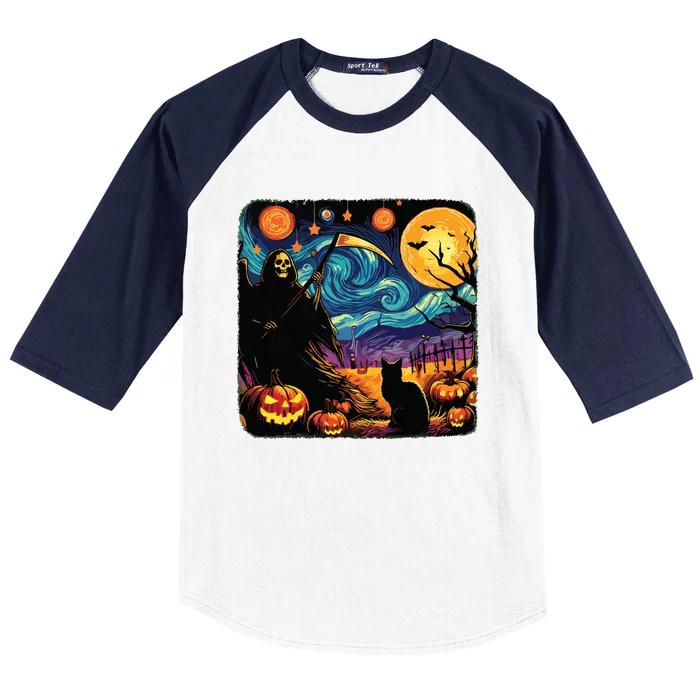 Halloween Van Gogh Starry Night Grim Reaper Pumpkins Cats Baseball Sleeve Shirt