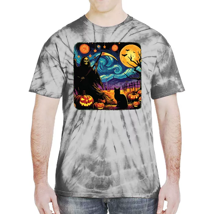 Halloween Van Gogh Starry Night Grim Reaper Pumpkins Cats Tie-Dye T-Shirt