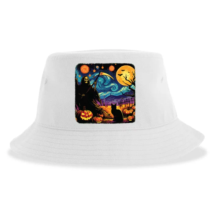 Halloween Van Gogh Starry Night Grim Reaper Pumpkins Cats Sustainable Bucket Hat