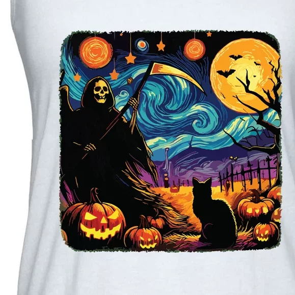 Halloween Van Gogh Starry Night Grim Reaper Pumpkins Cats Ladies Essential Flowy Tank