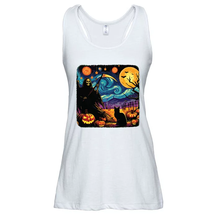 Halloween Van Gogh Starry Night Grim Reaper Pumpkins Cats Ladies Essential Flowy Tank