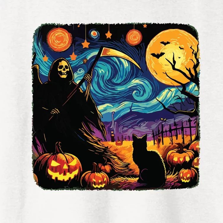 Halloween Van Gogh Starry Night Grim Reaper Pumpkins Cats Women's Crop Top Tee