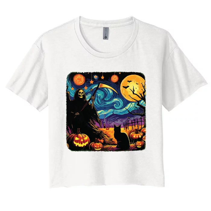 Halloween Van Gogh Starry Night Grim Reaper Pumpkins Cats Women's Crop Top Tee