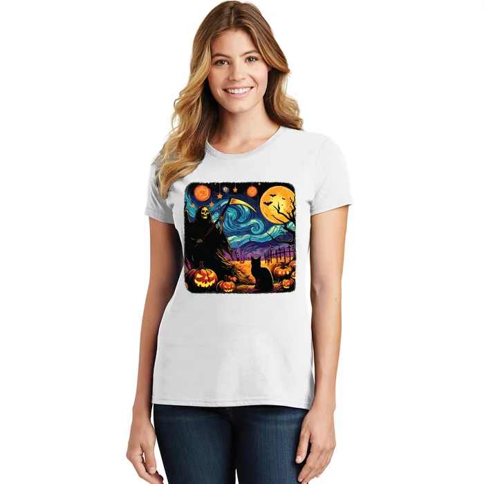 Halloween Van Gogh Starry Night Grim Reaper Pumpkins Cats Women's T-Shirt