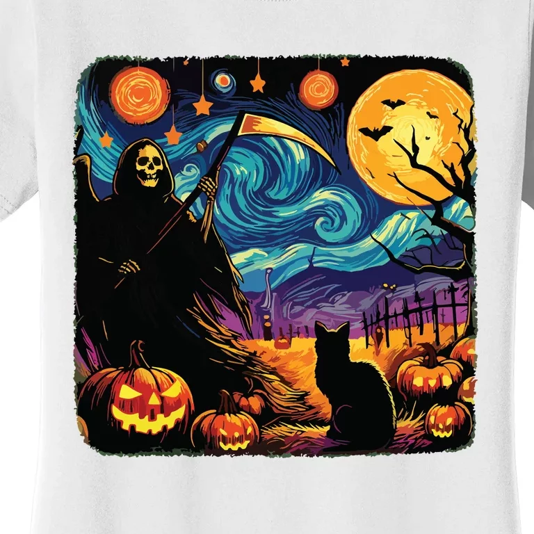 Halloween Van Gogh Starry Night Grim Reaper Pumpkins Cats Women's T-Shirt