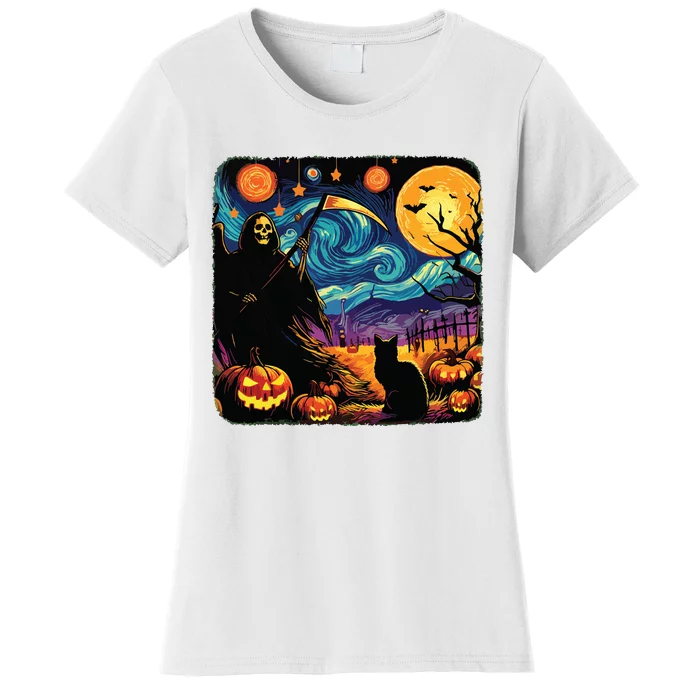 Halloween Van Gogh Starry Night Grim Reaper Pumpkins Cats Women's T-Shirt