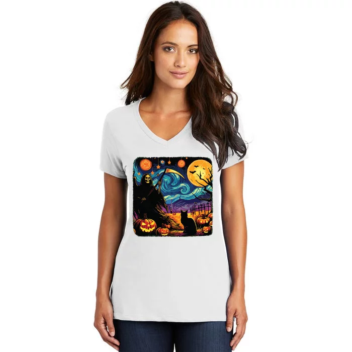 Halloween Van Gogh Starry Night Grim Reaper Pumpkins Cats Women's V-Neck T-Shirt