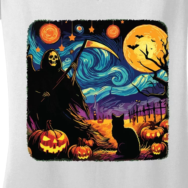 Halloween Van Gogh Starry Night Grim Reaper Pumpkins Cats Women's V-Neck T-Shirt