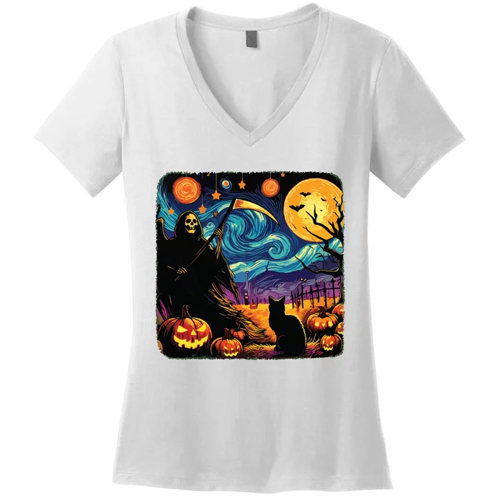 Halloween Van Gogh Starry Night Grim Reaper Pumpkins Cats Women's V-Neck T-Shirt